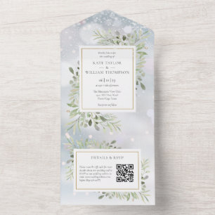 Wintergrün QR-Code-Monogramm-Hochzeit All In One Einladung