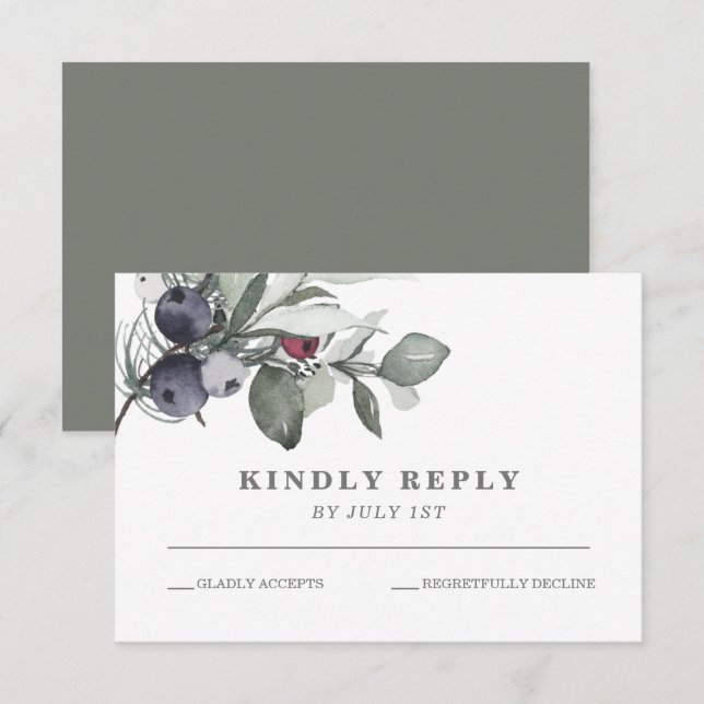 Wintergrün und Berries Hochzeit RSVP Card Karte (Vorne/Hinten)