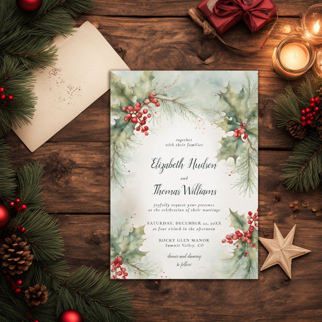 Wintergrün Weihnachten Moderne Weihnachtszeit Einladung (winter wedding invitation christmas berries elegant rustic modern vintage watercolor calligraphy)