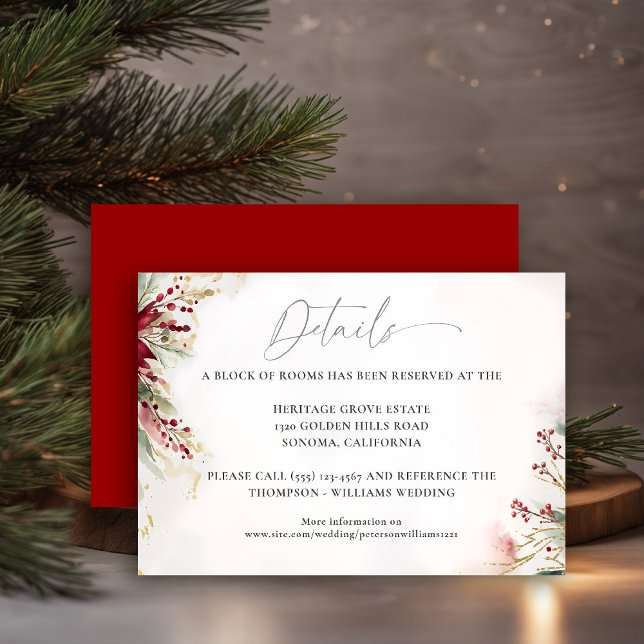 Wintergrün Weihnachten Rote Hochzeit Details Begleitkarte (christmas wedding details card botanical red berries watercolor greenery elegant modern classic)