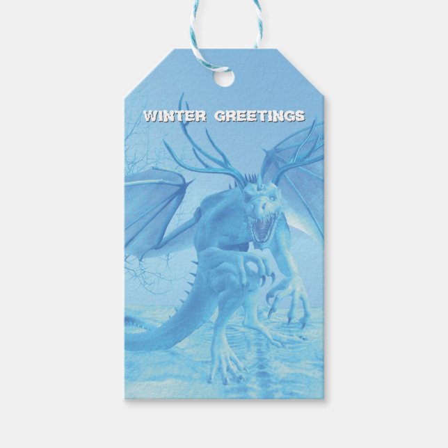Wintergrüße. Eisdrache mit Geweih Geschenkanhänger (Vorderseite)