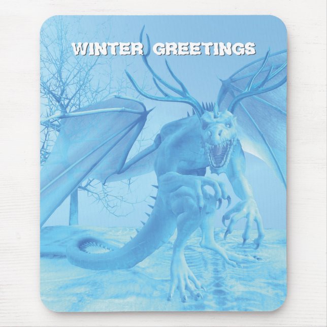 Wintergrüße. Eisdrache mit Geweih Mousepad (Vorne)