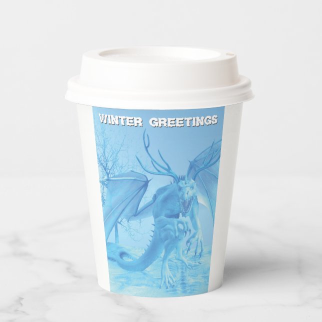 Wintergrüße. Eisdrache mit Geweih Pappbecher (Vorderseite)