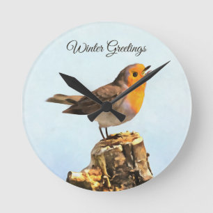 Wintergrüße. Robin singt Runde Wanduhr