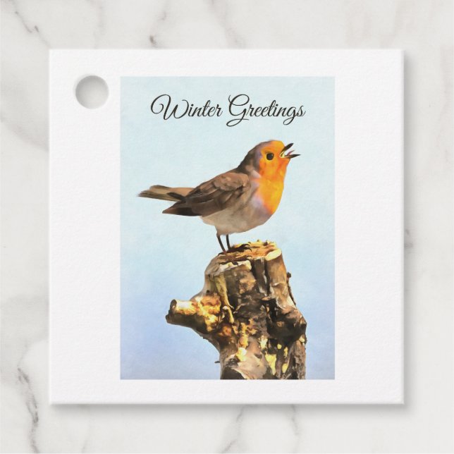Wintergrüße. Rotkehlchen singt  Geschenkanhänger (Vorderseite)