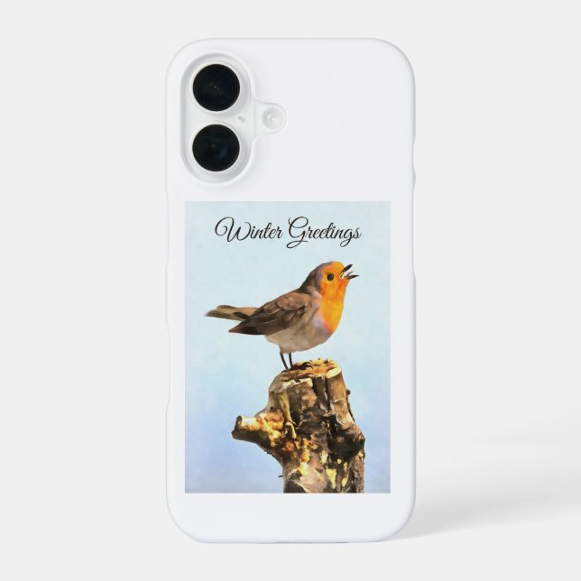 Wintergrüße. Rotkehlchen singt  iPhone 16 Hülle (Rückseite)