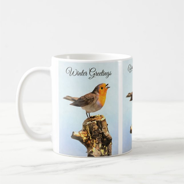 Wintergrüße. Rotkehlchen singt  Kaffeetasse (Links)