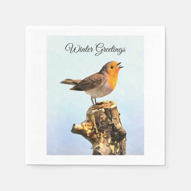 Wintergrüße. Rotkehlchen singt  Serviette (Vorderseite)