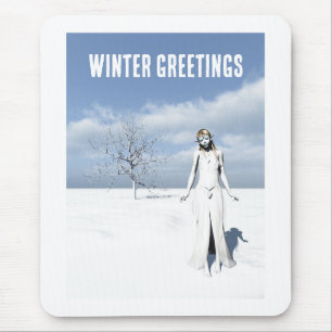 Wintergrüße. Weiblicher Elf, der im Schnee läuft Mousepad
