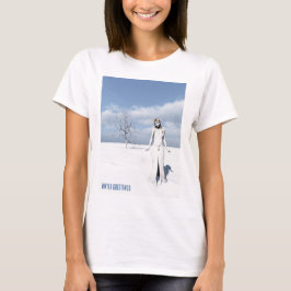 Wintergrüße. Weiblicher Elf, der im Schnee läuft T-Shirt