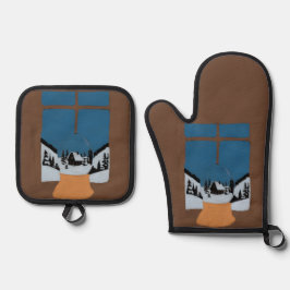 Winterhandschuh - Schneekugel am Fenster - Gemütli Ofenhandschuh & Topflappen-Set