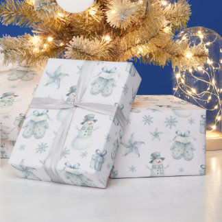 Winterhandschuhe & Schneemann Blaues Weihnachtsges Geschenkpapier