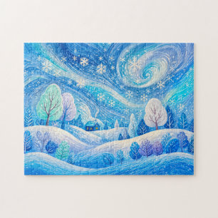 Winterhaus in wirbelndem Schneefall Illustration