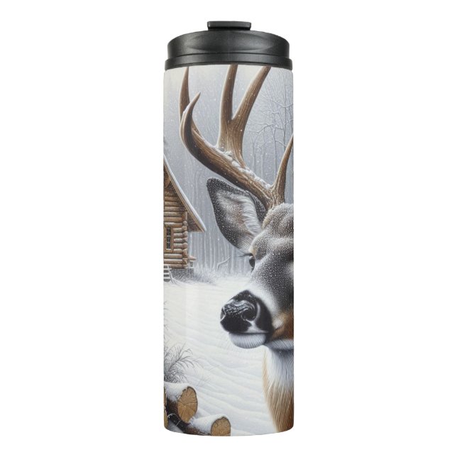Winterhirsch/Hirschbock Kunst Thermosbecher (Vorderseite)