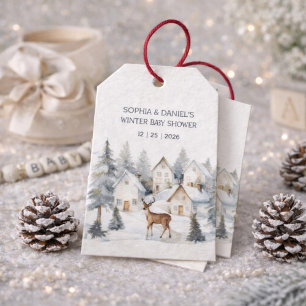 Winterhirsch im Dorf Aquarell-Baby-Party Geschenkanhänger