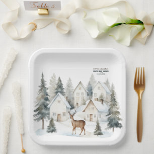 Winterhirsch im Dorf Aquarell-Baby Shower Pappteller