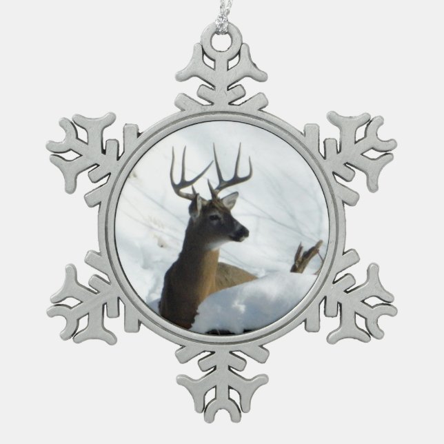 Winterhirsch Schneeflocken Zinn-Ornament (Vorderseite)