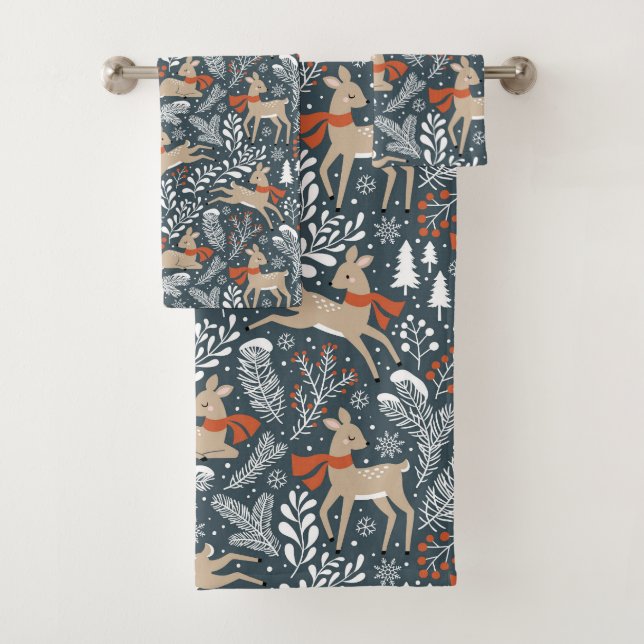 Winterhirsche, Bäume, Branchen und Schneeflocken Badhandtuch Set (Insitu)