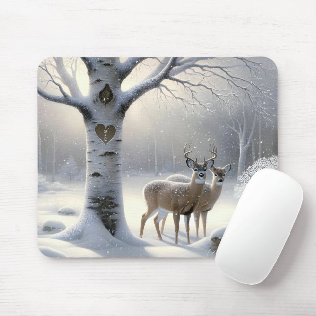 Winterhirsche mit Birkenbaumherz Mousepad (Mit Mouse)