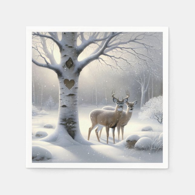 Winterhirsche mit Herz auf Birkenbaum Serviette (Vorderseite)