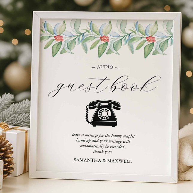 Winterhochzeit Audio-Gästebuch-Schild Poster (Winter wedding audio guestbook sign with watercolor botanicals.)