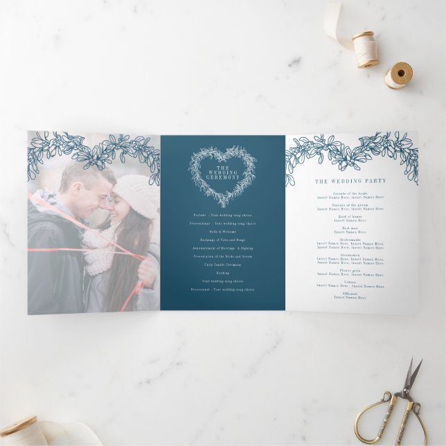 Winterhochzeit - Blaue Misteloe - botanische Hochz Dreifach-gefaltete Programmkarte (Innenseite)