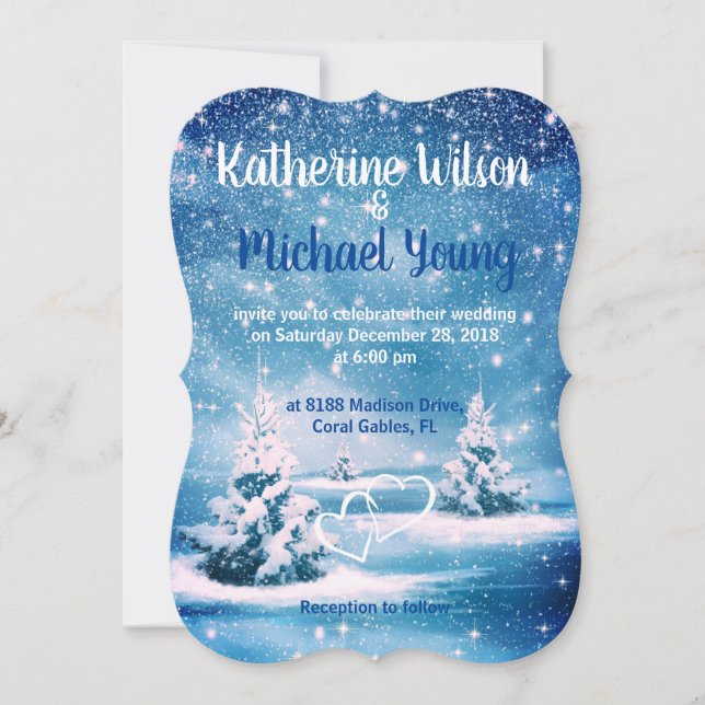 Winterhochzeit - Blauer und weißer Schnee Einladung (Vorderseite)
