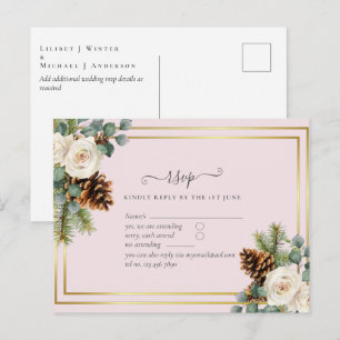 Winterhochzeit Budget Weiße Rosen Gold Staubblau Postkarte