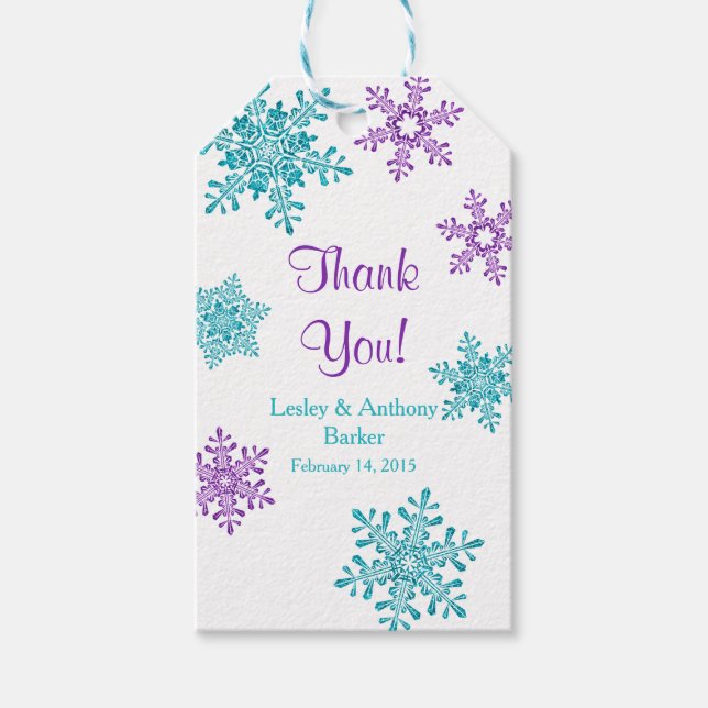 Winterhochzeit Danke Lila Aquamarine Schneeflocke Geschenkanhänger (Vorderseite)