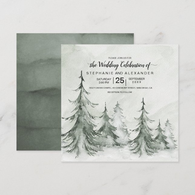 Winterhochzeit der Aquarellbäume Einladung (Vorne/Hinten)