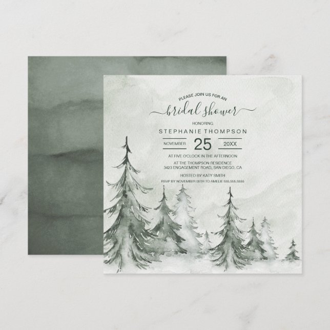 Winterhochzeit der Aquarellbäume Einladung (Vorne/Hinten)
