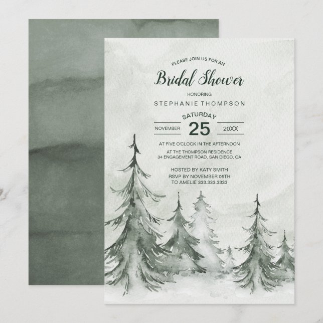 Winterhochzeit der Aquarellbäume Einladung (Vorne/Hinten)