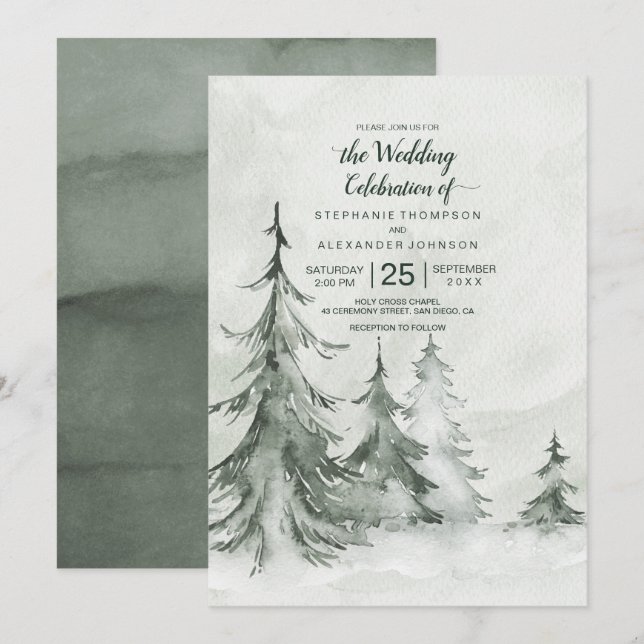 Winterhochzeit der Aquarellbäume Einladung (Vorne/Hinten)