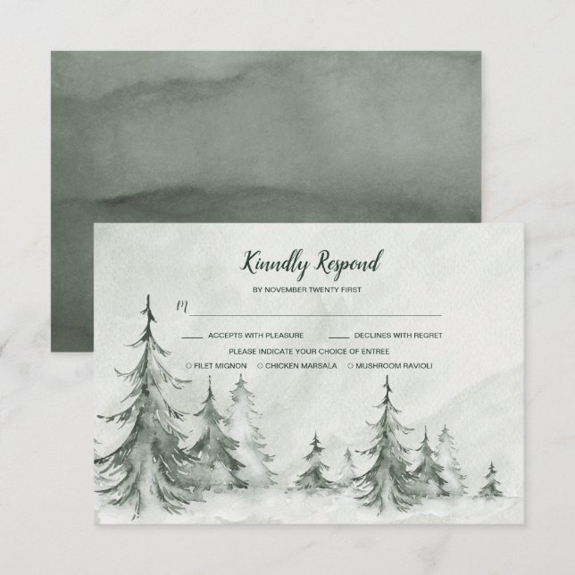 Winterhochzeit der Aquarellbäume RSVP Karte (Vorne/Hinten)