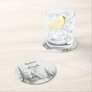 Winterhochzeit der Aquarellbäume Runder Pappuntersetzer