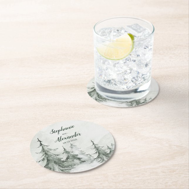 Winterhochzeit der Aquarellbäume Runder Pappuntersetzer (Vor Ort)