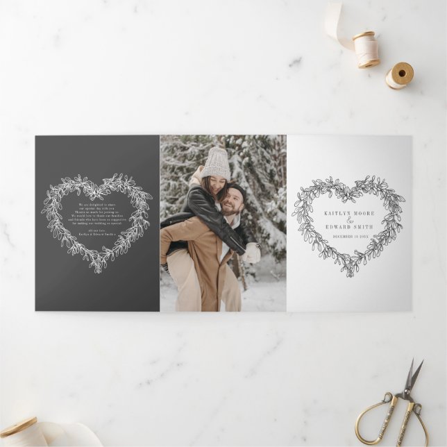Winterhochzeit dunkelgrau mistletoe botanisch dreifach-gefaltete programmkarte (Außenbereich)