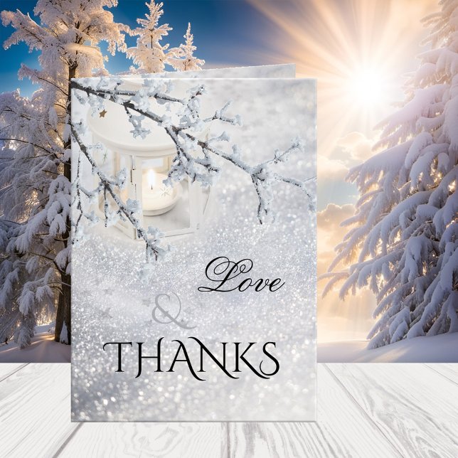 Winterhochzeit-Foto "Funkeln" dank Karte (winter wedding Thank You card featuring a candle lit lantern in a sparkling snow winter wonderland)