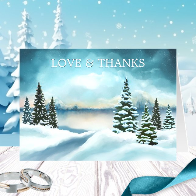 Winterhochzeit Fotos Danke Note Card (Photo Wedding Thank You note card featuring a watercolor painting of a winter wonderland scene)