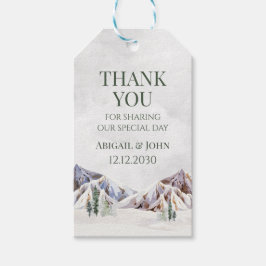 Winterhochzeit im schneebedeckten Bergwald - Danke Geschenkanhänger