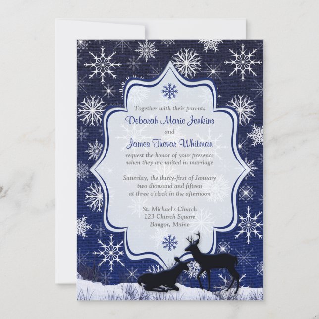 Winterhochzeit | IMITATE Burlap, Schneeflocken, Hi Einladung (Vorderseite)