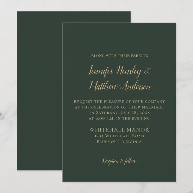 Winterhochzeit in Evergreen und Gold Einladung (Vorne/Hinten)