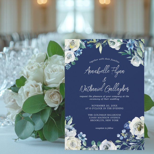 Winterhochzeit in Navy Blue White Floral Handschri Einladung (Von Creator hochgeladen)