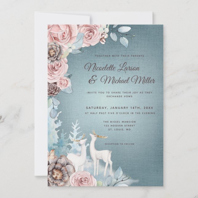 Winterhochzeit in trostfreiem Blau und Weideland Einladung (Vorderseite)