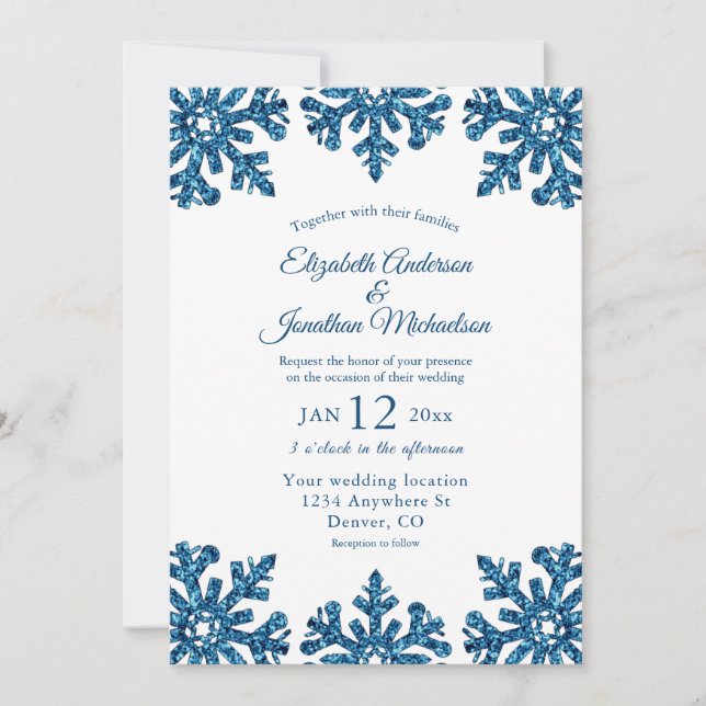 Winterhochzeit mit blauem Snowflake Einladung (Vorderseite)