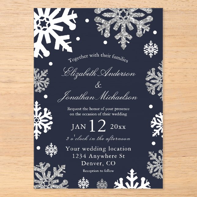 Winterhochzeit mit blauen Schneeflocken Acryleinladungen (Vorderseite)