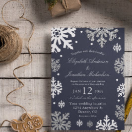 Winterhochzeit mit blauen Schneeflocken Einladung