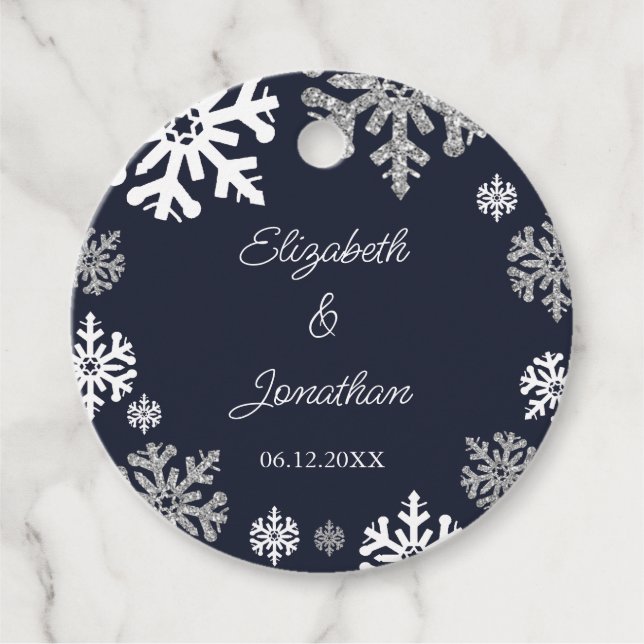 Winterhochzeit mit blauen Schneeflocken Geschenkanhänger (Vorderseite)