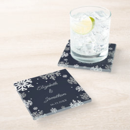 Winterhochzeit mit blauen Schneeflocken Glasuntersetzer