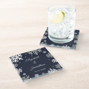 Winterhochzeit mit blauen Schneeflocken Glasuntersetzer